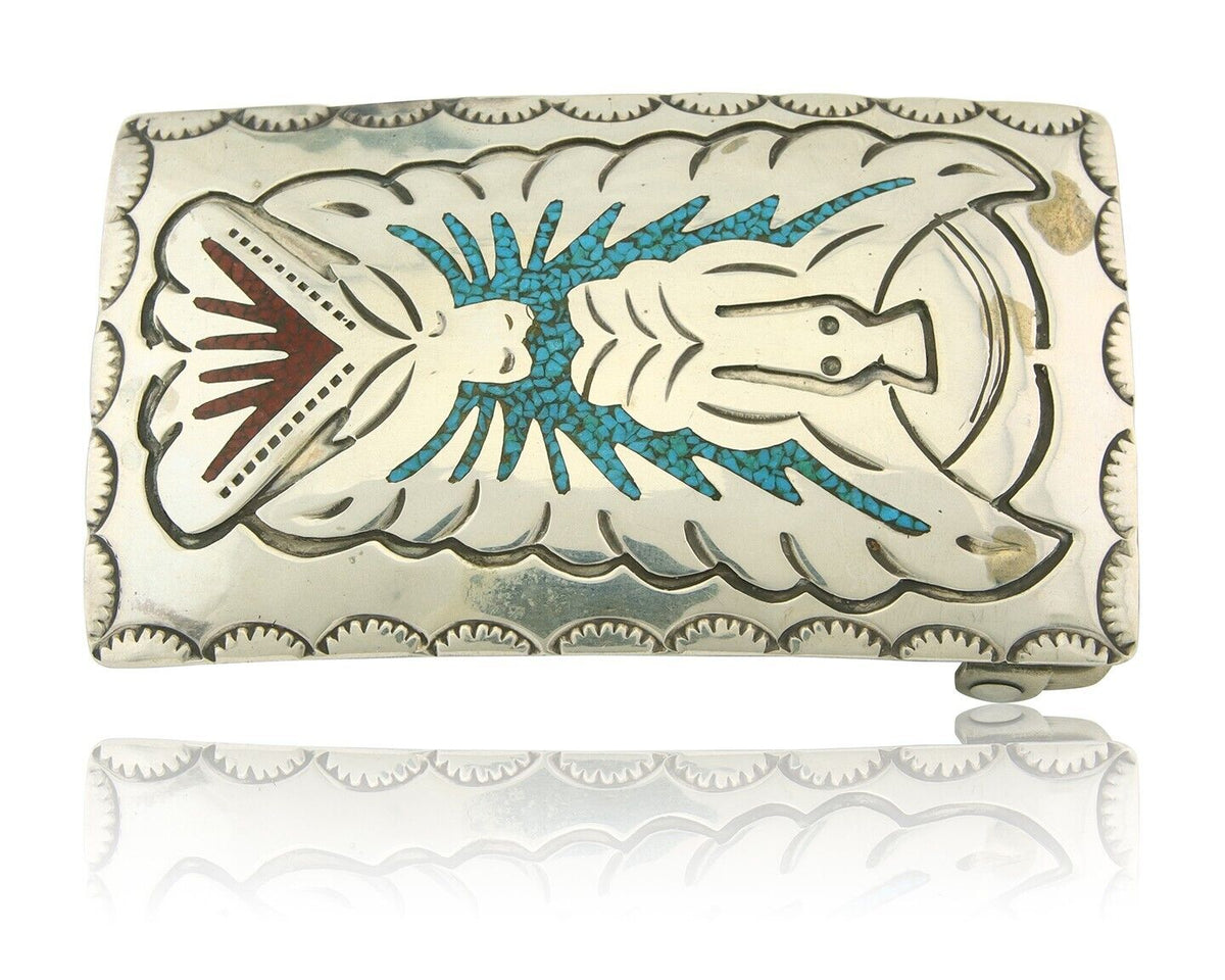 Vintage Navajo Belt Buckle 925 Sterling Silver Handmade Inlaid Gemstone Signed B
