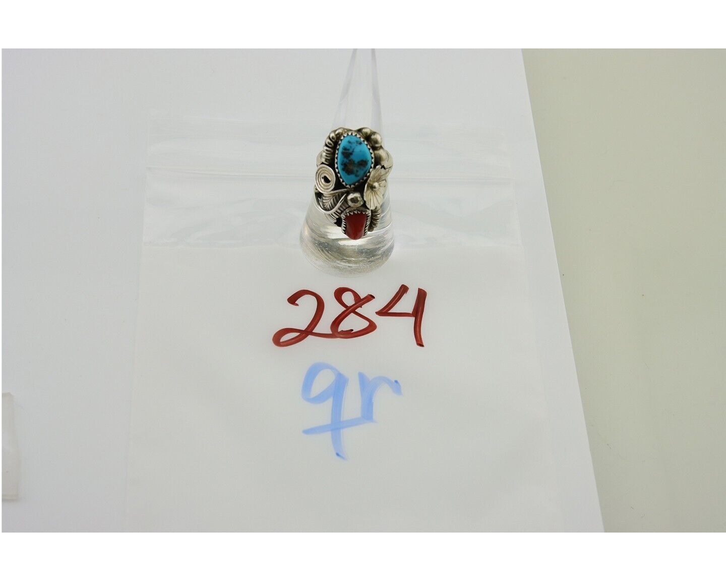 Navajo Handmade Ring 925 Silver Coral & Turquoise Signed Circle Max C.80's