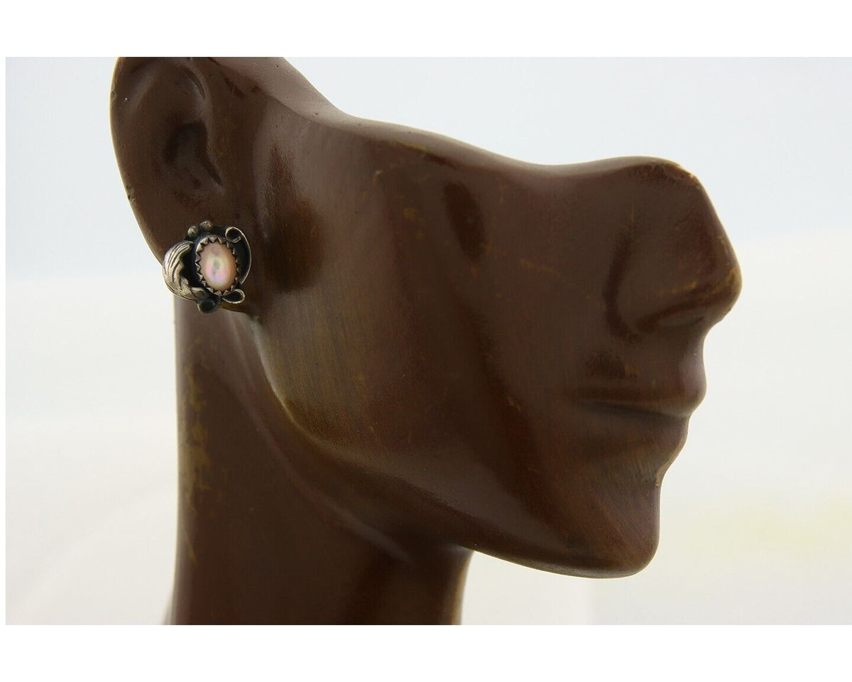 Navajo Earrings 925 Silver Handmade Natural Pink Mussel Native American Artist
