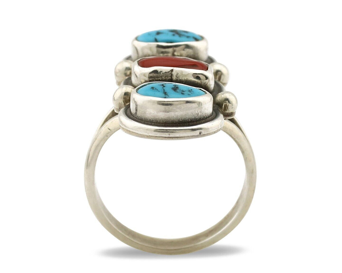 Navajo Ring 925 Silver Sleeping B Turquoise & Coral Native American Artist C.80s