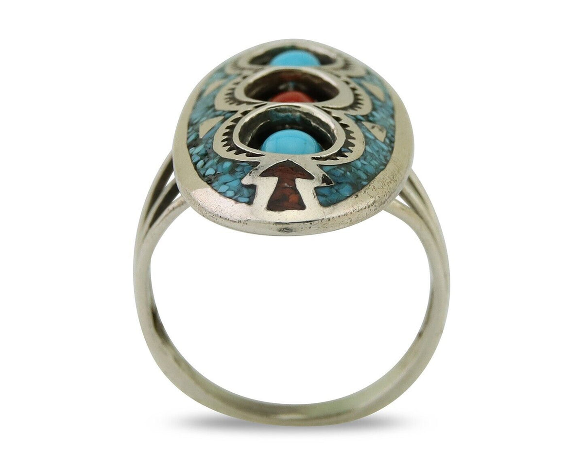 Navajo Handmade Ring 925 Silver Coral & Turquoise Signed Circle JW C.80's