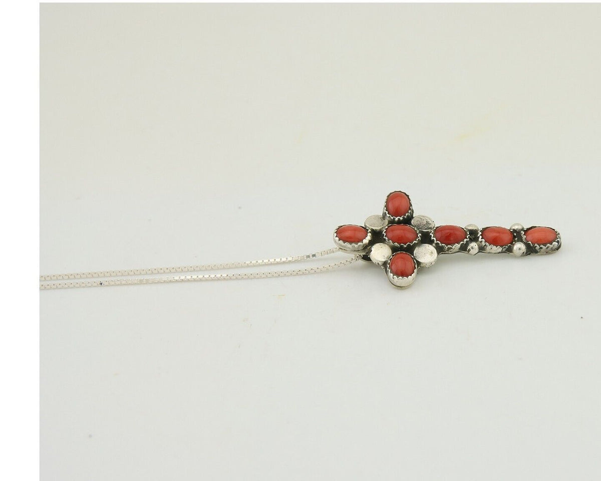 Navajo Cross Necklace 925 Silver Mediterranean Coral Native American Artist C80s