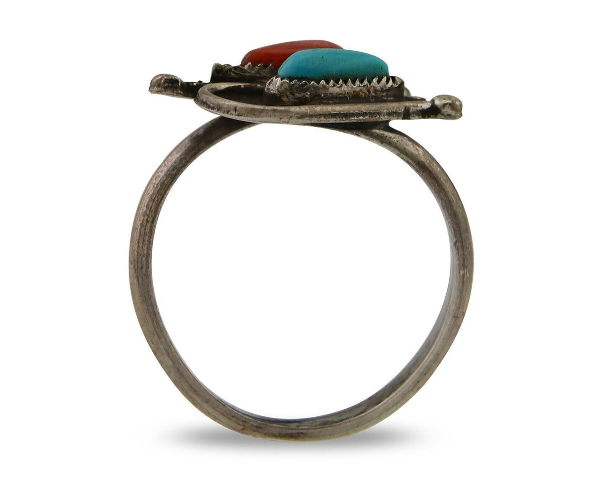 Navajo Ring 925 Silver Turquoise & Coral Native American Artist C.80's