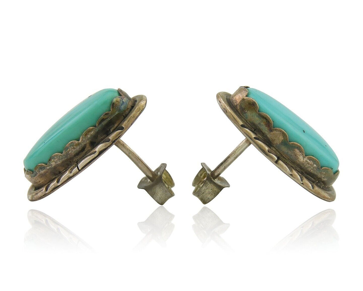 Navajo Earrings 925 Silver Hand Stamped Natural Turquoise Native Artist C.80's