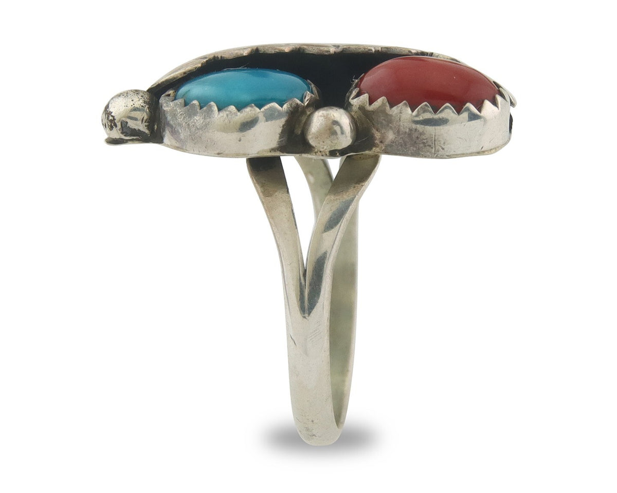 Navajo Ring 925 Sterling Natural Coral & Turquoise Signed BB C.80's Size 6.0