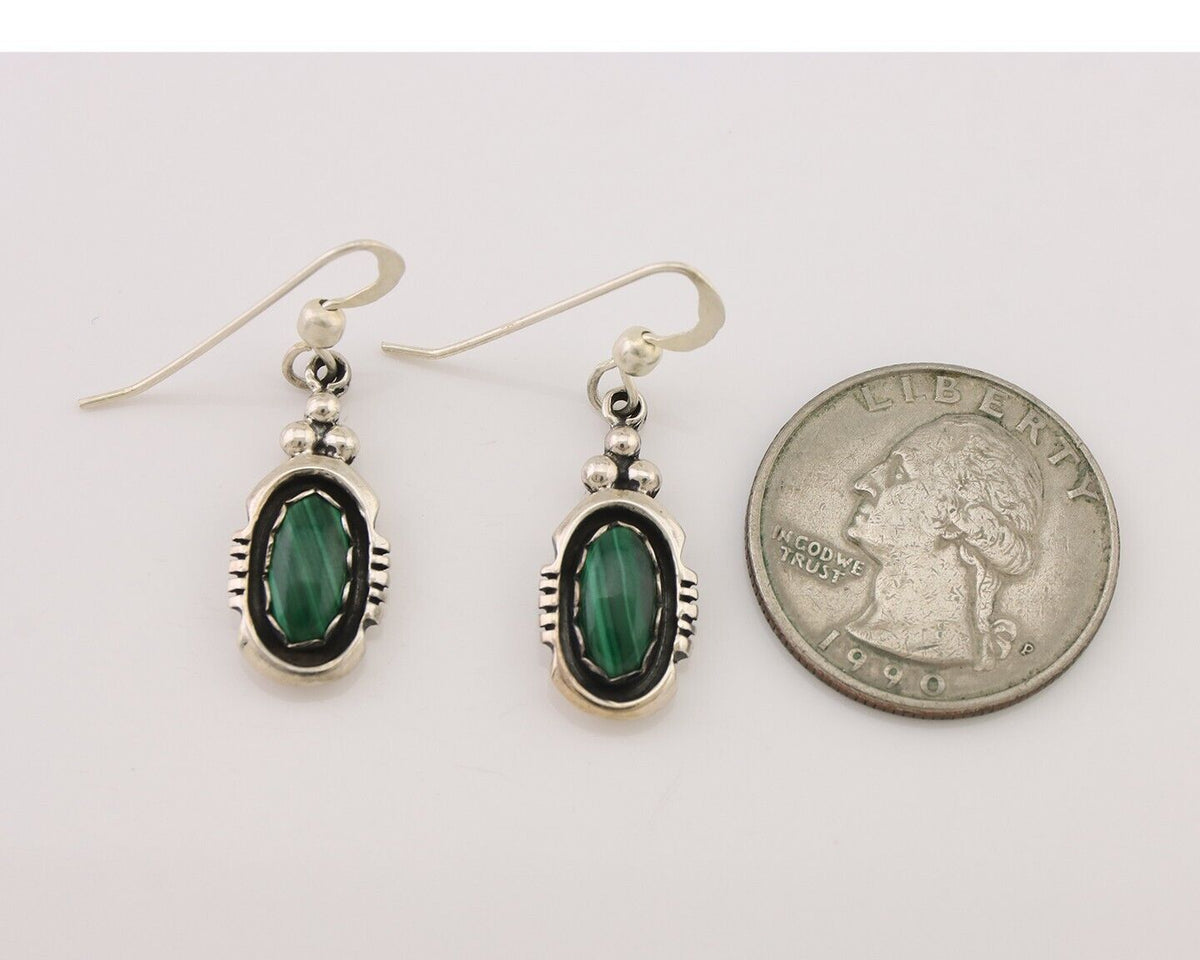 Navajo Dangle Earrings 925 Silver Natural Malachite Native American Artist C.80s