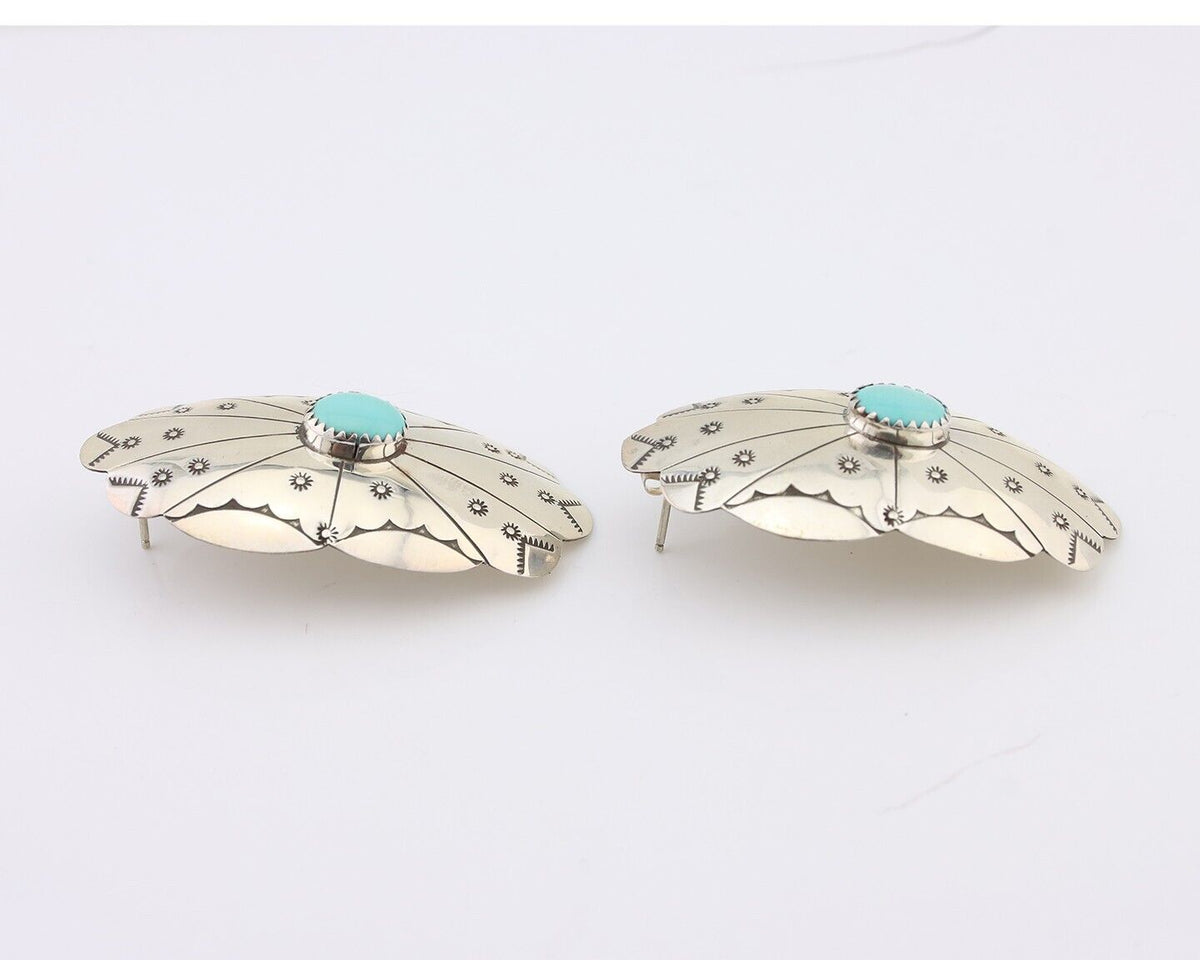 Navajo Hand Stamped Shield Earrings 925 Silver Turquoise Native Artist C.80's