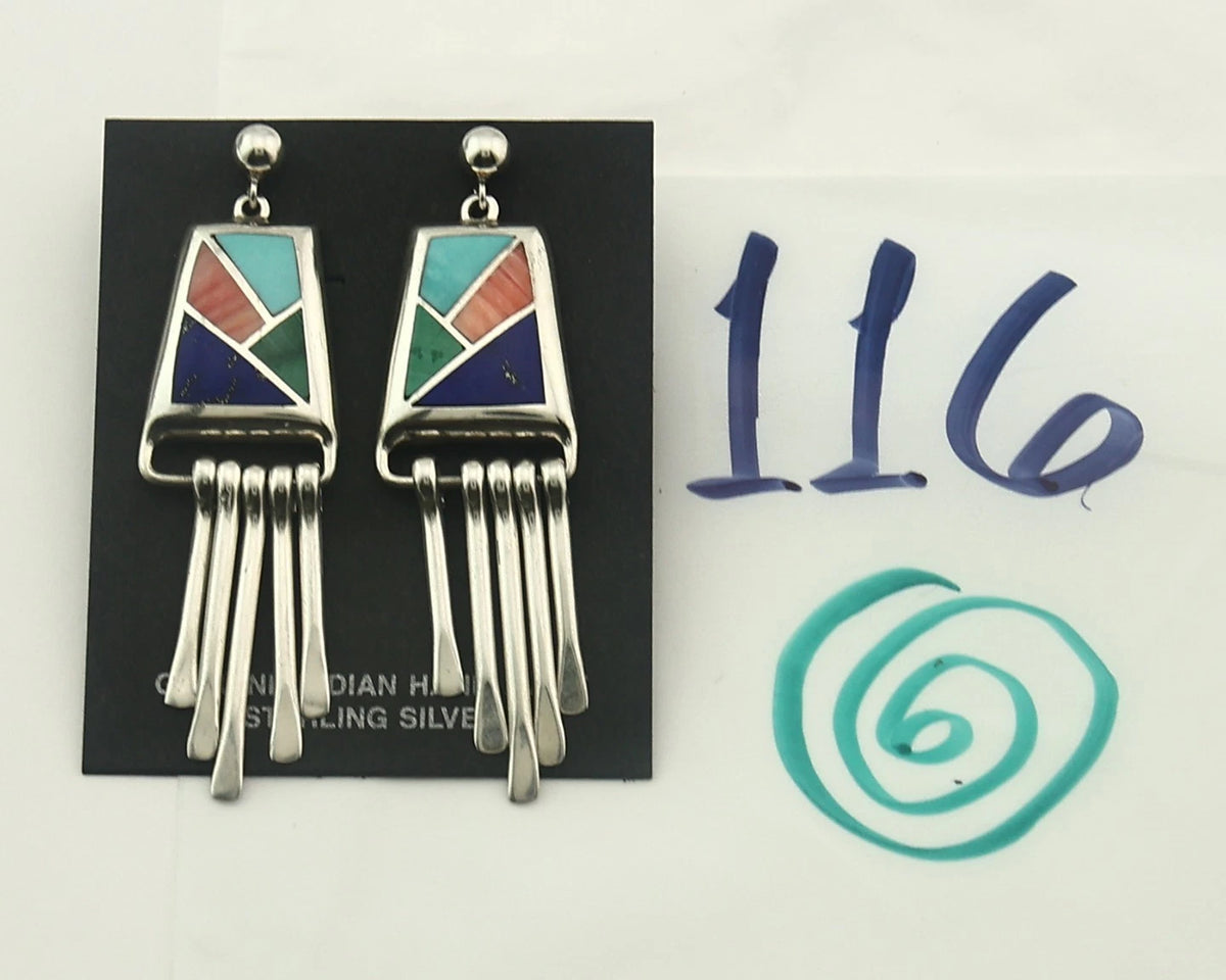 Navajo Earrings 925 Sterling Silver Natural Gemstones Signed Teme C.80's