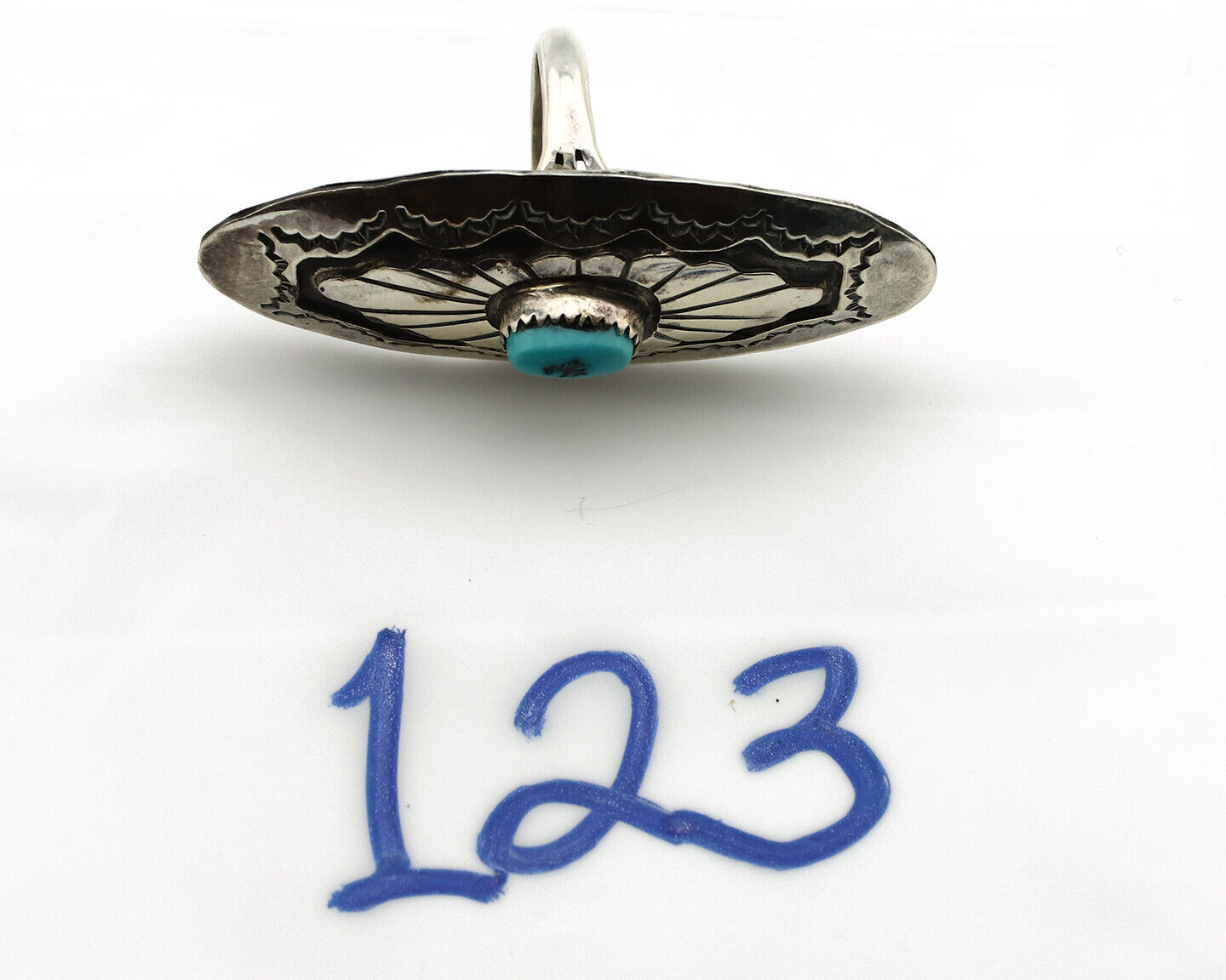 Navajo Shield Ring .925 Silver Blue Turquoise Hand Stamped Native Artist C.80's