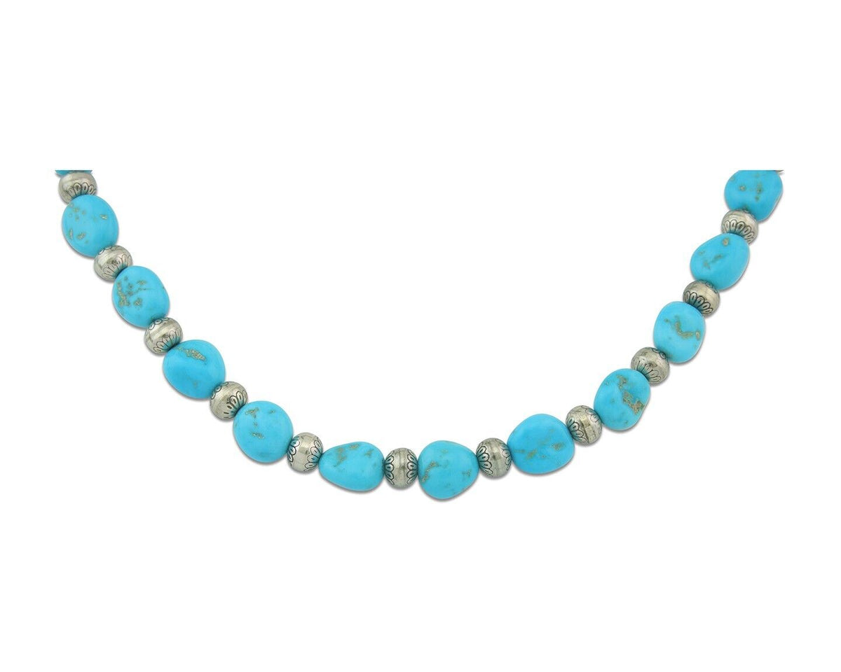 Vintage Navajo Bead Necklace 925 Silver Turquoise Hand Stamped Native Artist