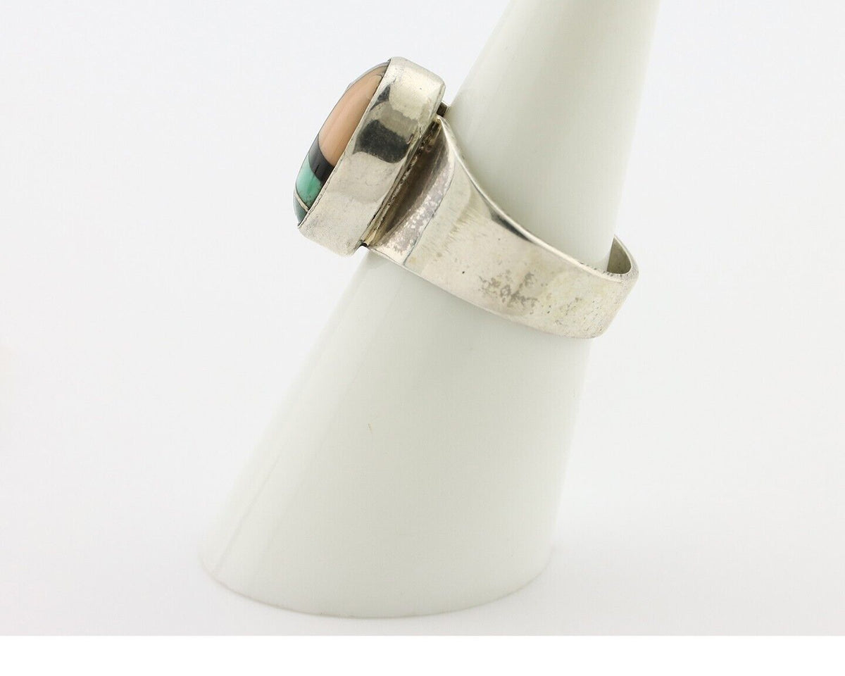 Zuni Inlaid Ring 925 Silver Mixed Natural Gemstones Native American Artist C.80s