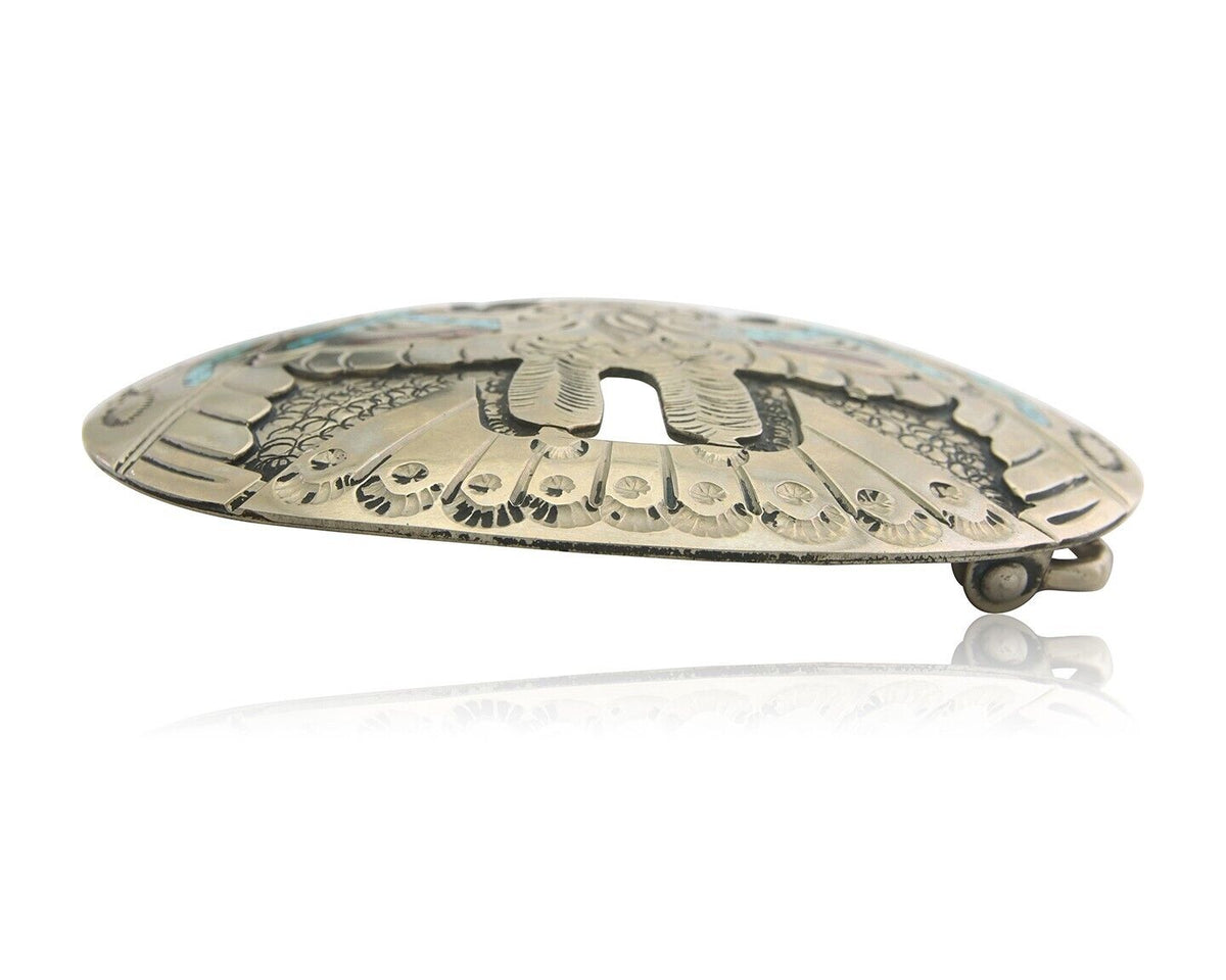 Navajo Belt Buckle .999 Nickel Buffalo Gemstone Signed Jimmie Nezzie 3x3.5in C80