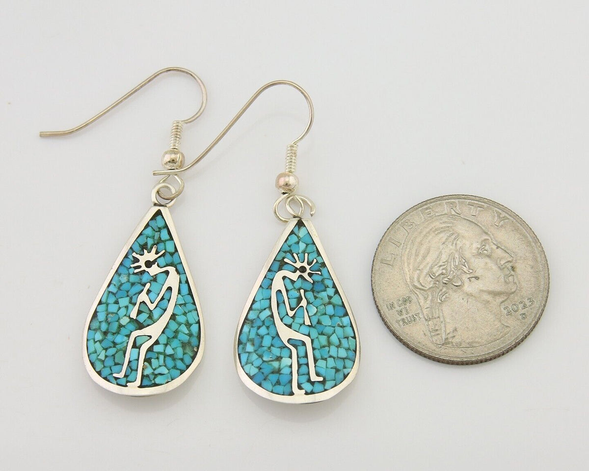 Navajo Kokopelli Earrings 999 Nickel Chip Inlay Turquoise Coral Native American