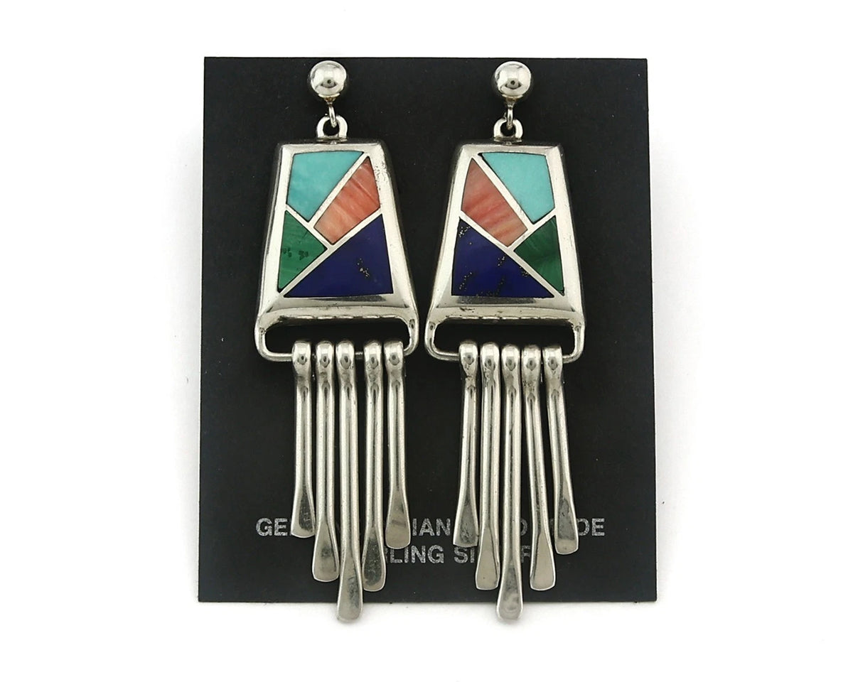 Navajo Earrings 925 Sterling Silver Natural Gemstones Signed Teme C.80's