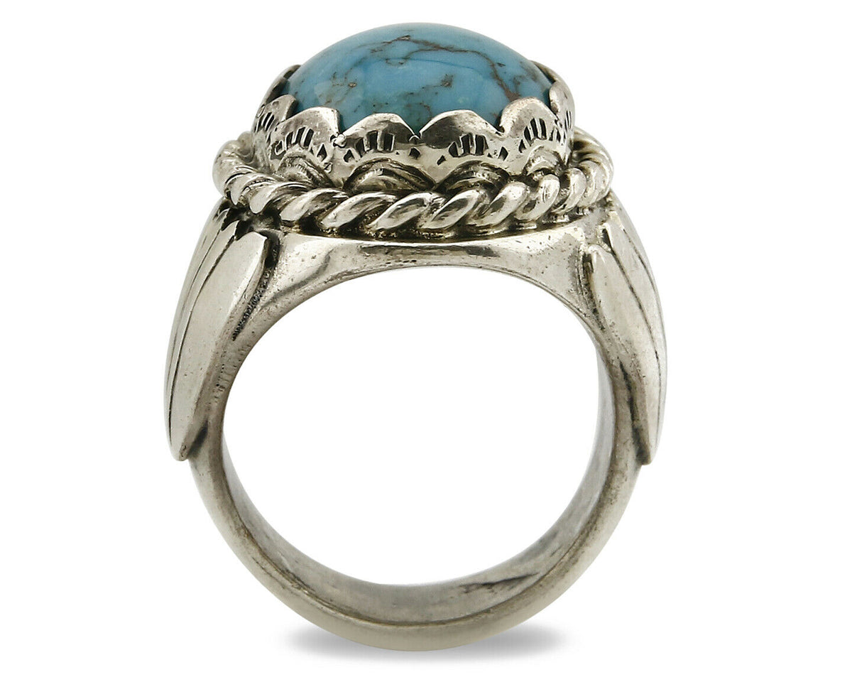 Navajo Ring .925 SOLID Silver Kingman Turquoise Signed Artist TeePee C.80's