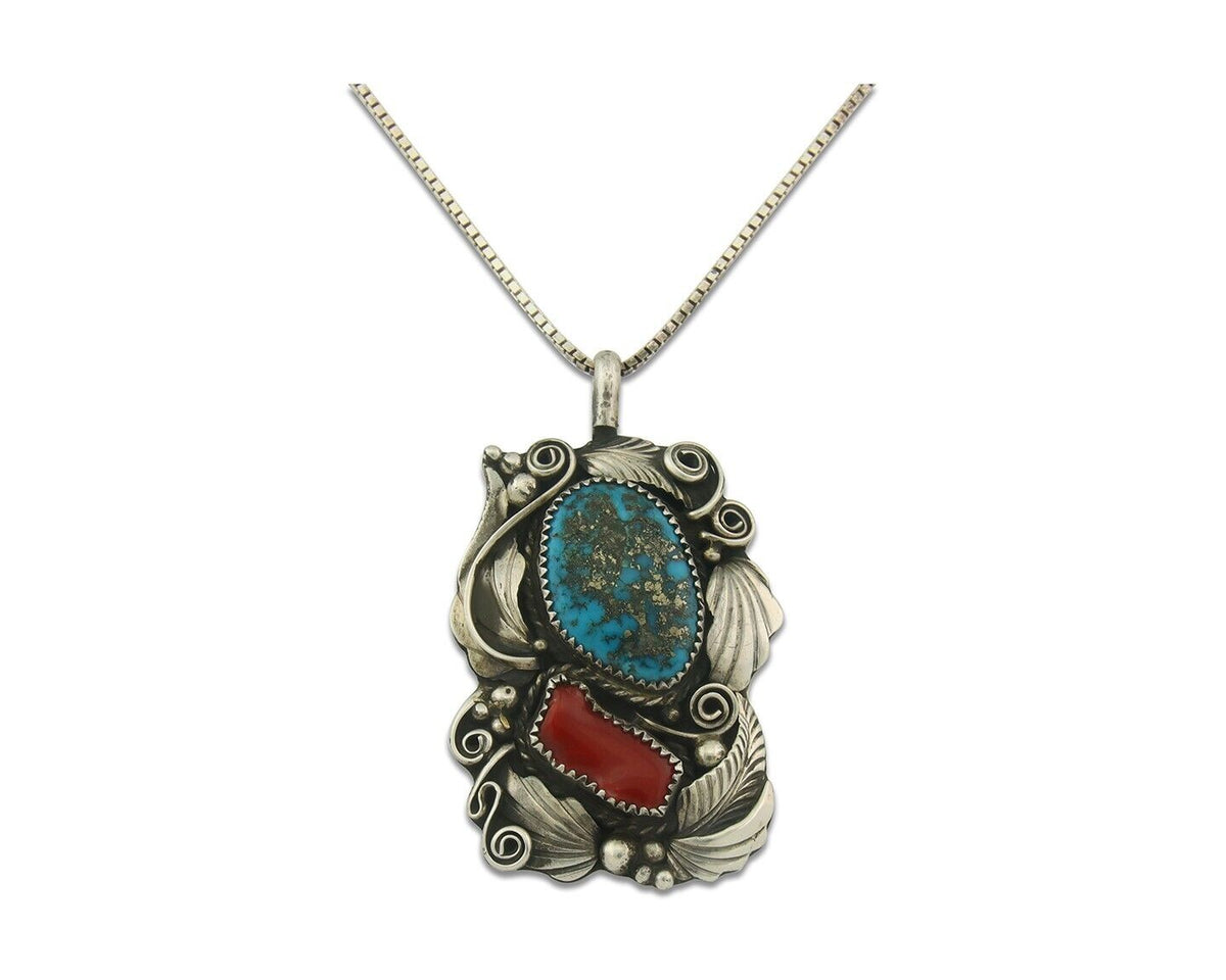 Navajo Necklace 925 Silver Morenci Turquoise & Coral Signed Justin Morris