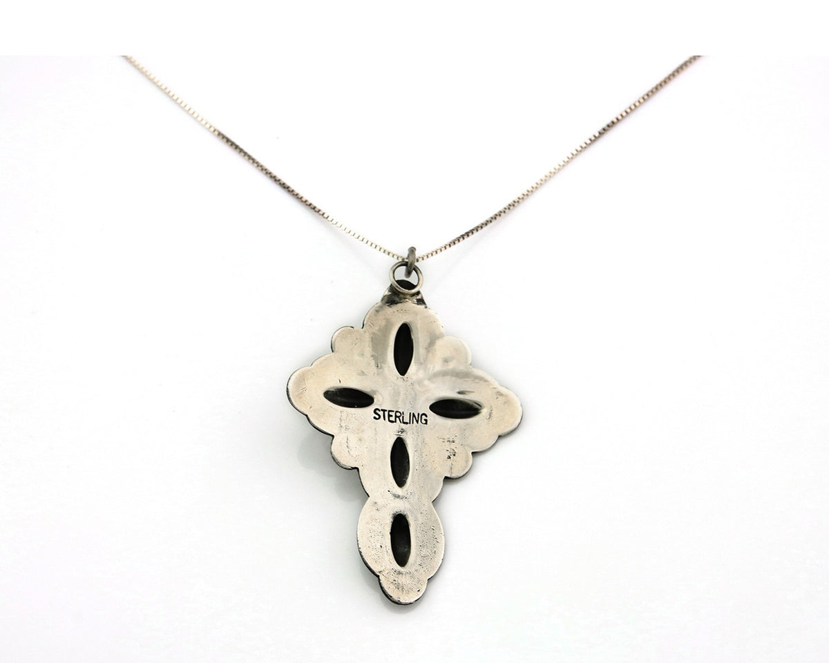 Navajo Cross Necklace Sterling Silver Snake Eye Coral Authentic Handstamped