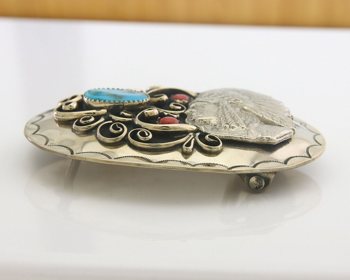 Navajo Belt Buckle .999 Nickel Buffalo Gemstone Signed 2.35 x 3.0 in C.80's