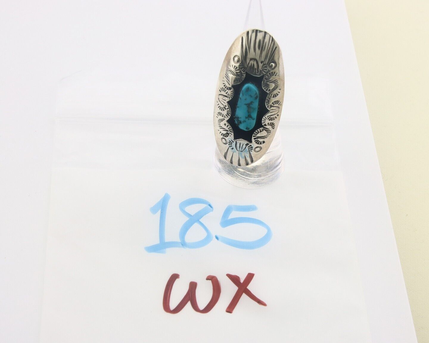 Navajo Ring 925 Sterling Turquoise Hand Stamped Signed J Martinez C.80's Sz 6.75