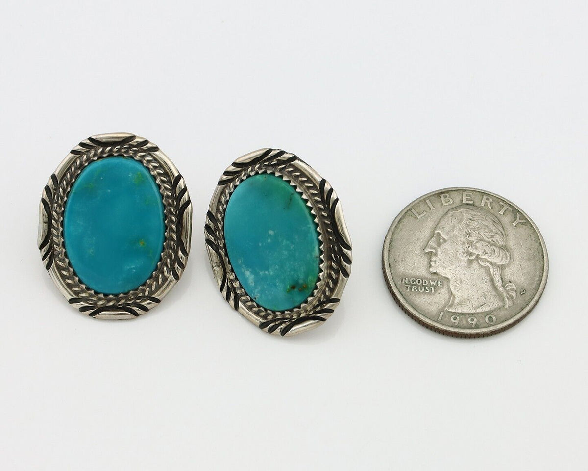Navajo Hand Stamped Earrings 925 Silver Natural Turquoise Signed Virgil Begay