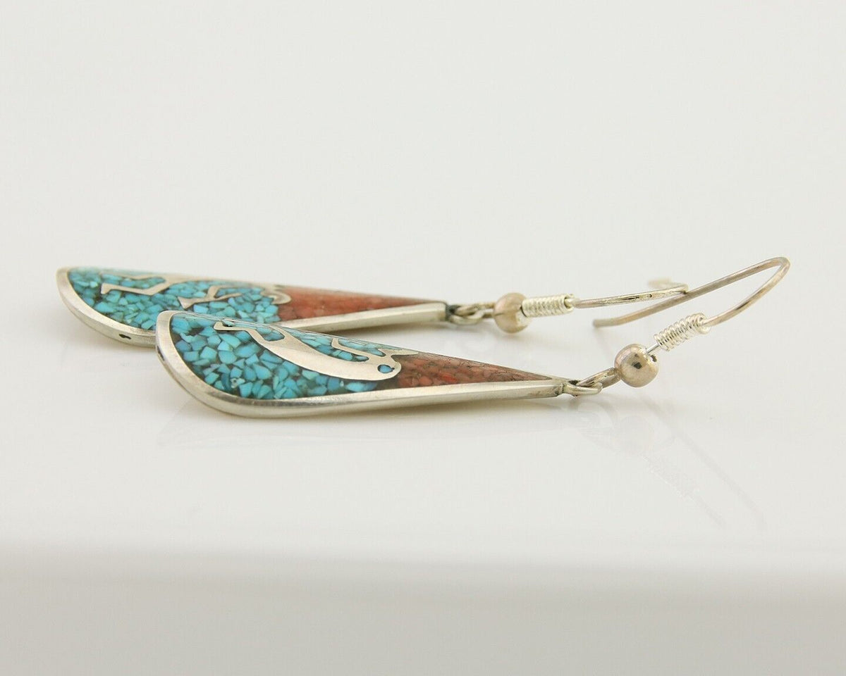 Navajo Kokopelli Earrings 999 Nickel Chip Inlay Turquoise Coral Native American