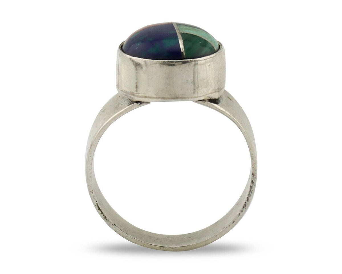 Zuni Inlaid Ring 925 Silver Mixed Natural Gemstones Native American Artist C.80s