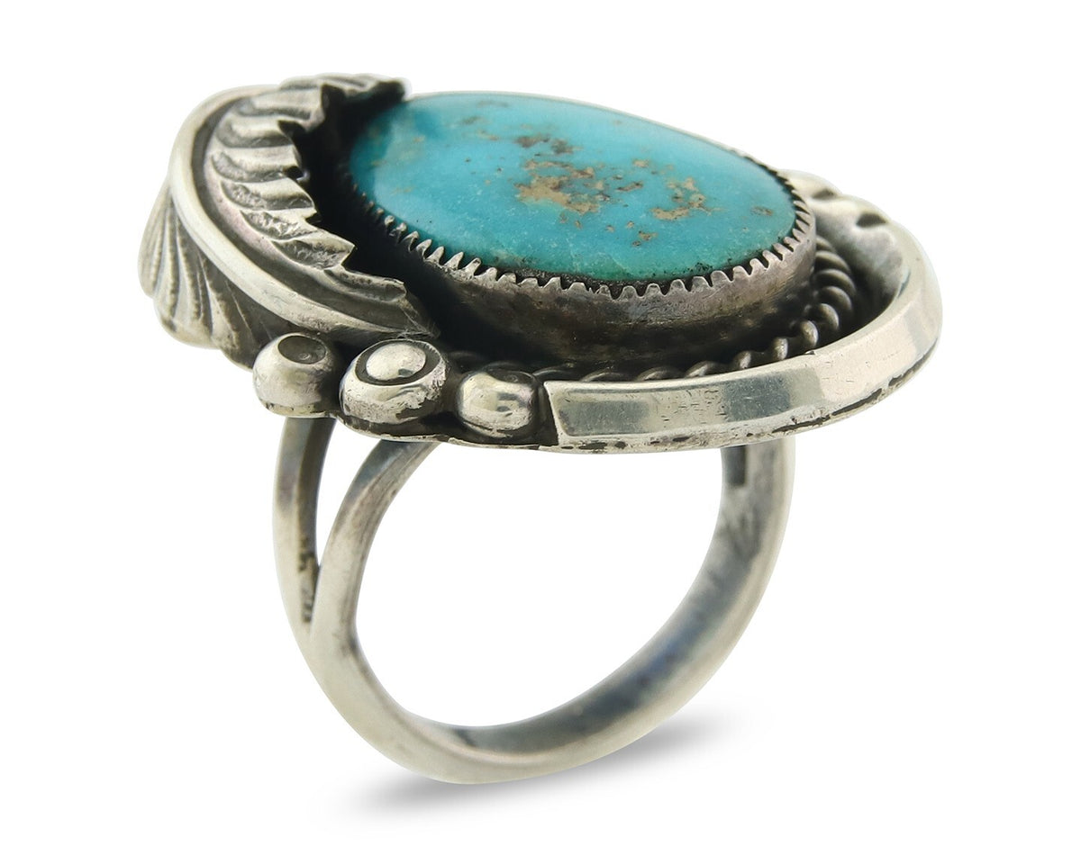 Traditional Navajo Ring Sterling Silver Authentic Turquoise Signed AY Size 7.0