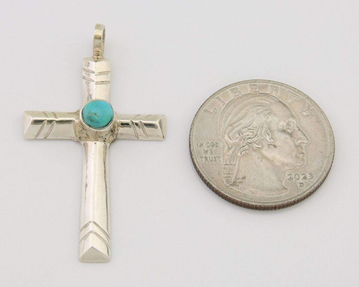 Navajo Sand Cast Cross Pendant 925 Silver Turquoise Artist Signed J Yazzie C.80s