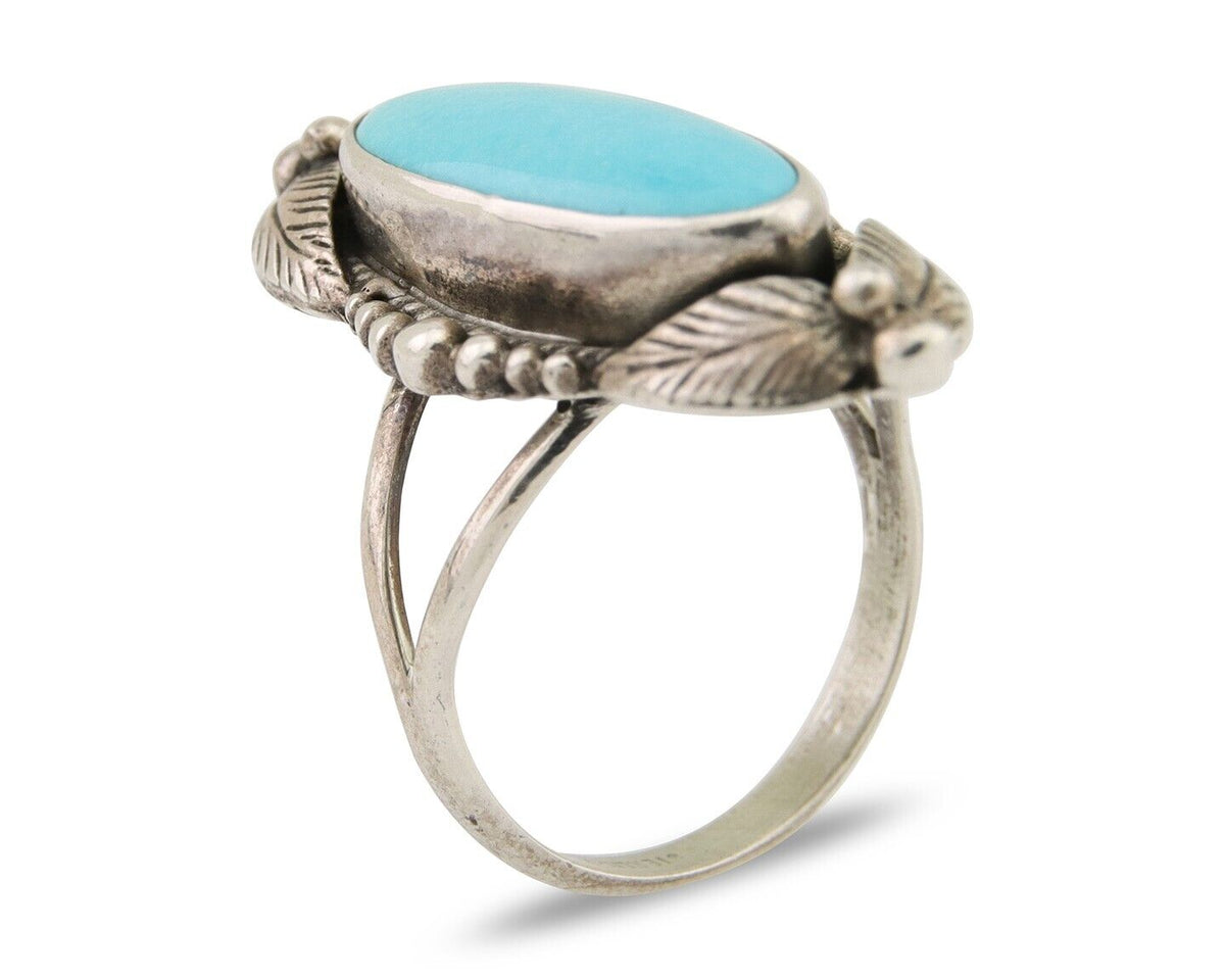 Navajo Ring 925 Silver Natural Slab Turquoise Artist Signed Circle JW C.80's