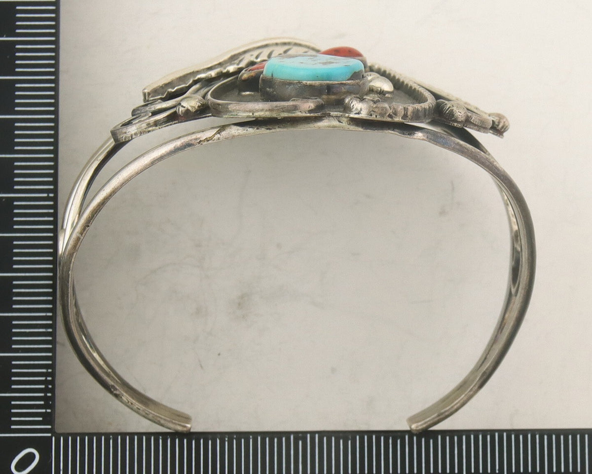 Navajo Bracelet 925 Silver Inlaid Coral & Turquoise Cuff Artist Signed CJ C.80's