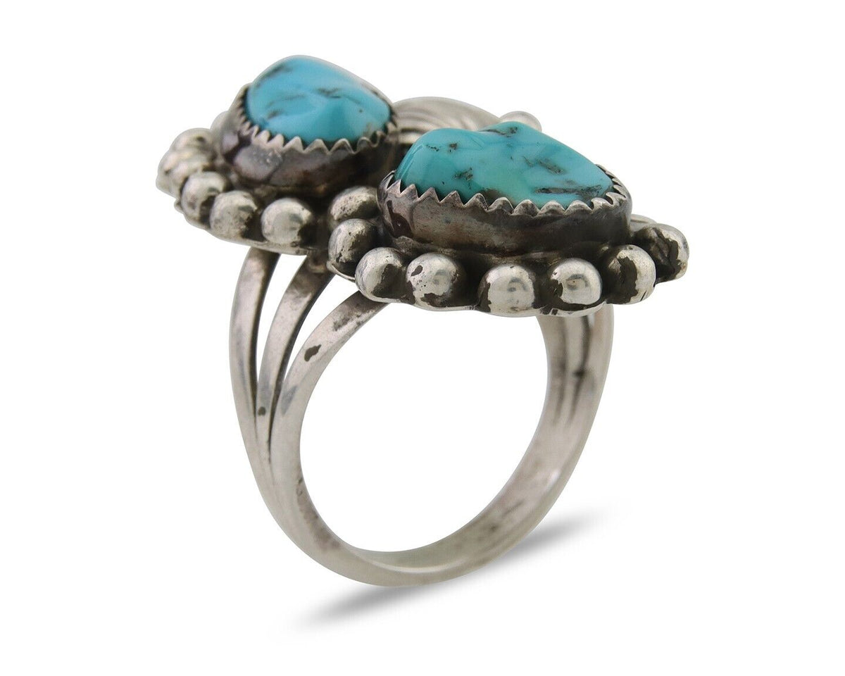 Navajo Ring 925 Silver Natural Turquoise Artist Signed LR C.80's Size 8.0