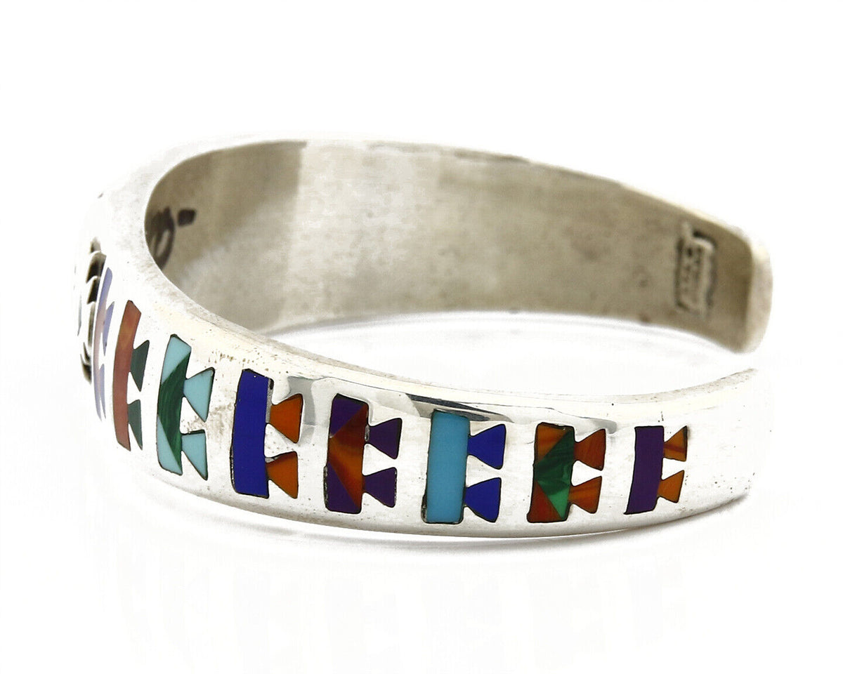 Navajo Cuff Bracelet.925 Silver Signed STC Inlay Natural Gemstones C. 1980's