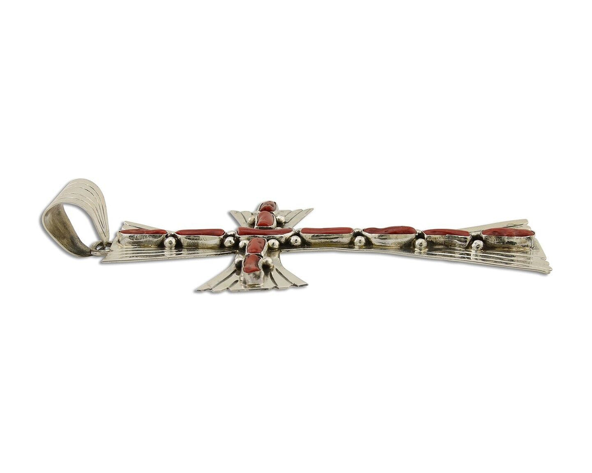 Large Navajo Cross Pendant 925 Silver Mediterranean Coral Artist Signed JB C.80s