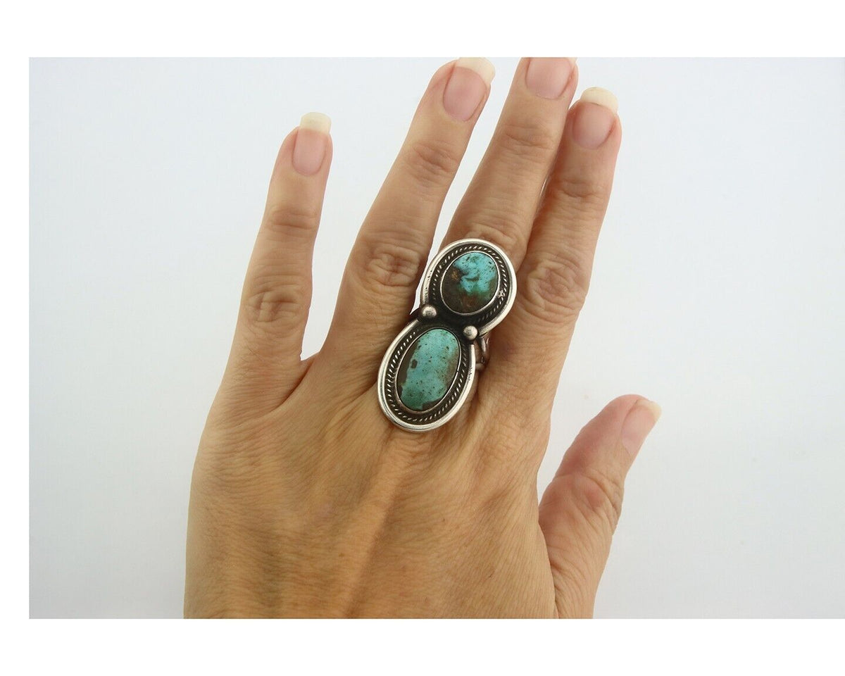 Navajo Ring 925 Sterling Turquoise Handmade Native Artist C.80's Size 7.75