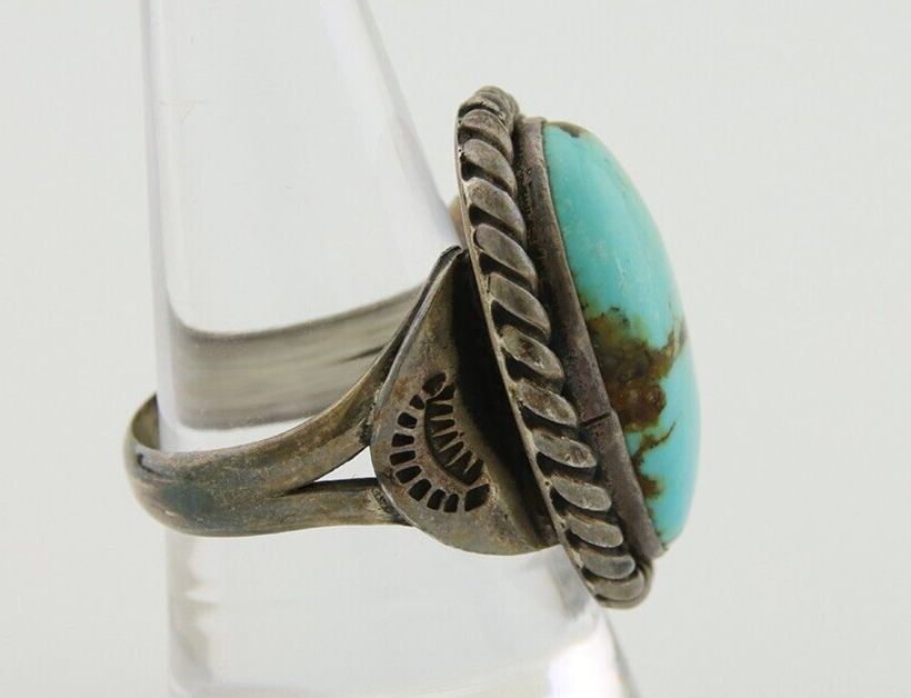 Men Navajo Ring 925 Silver Natural Slab Turquoise Signed Sunset C.80's