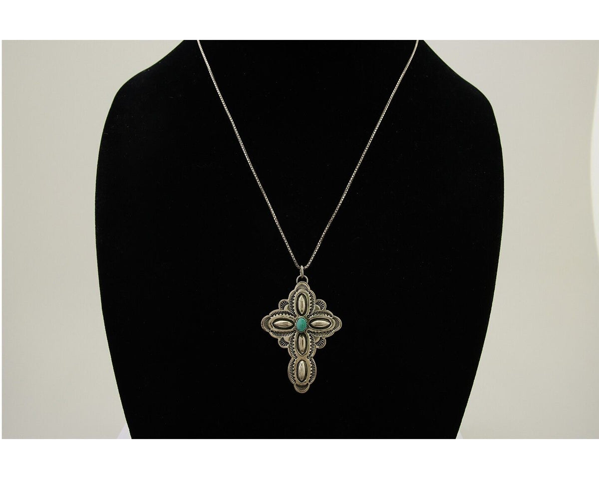 Navajo Cross Hand Stamped Necklace 925 Silver Turquoise Artist JRS C.80's