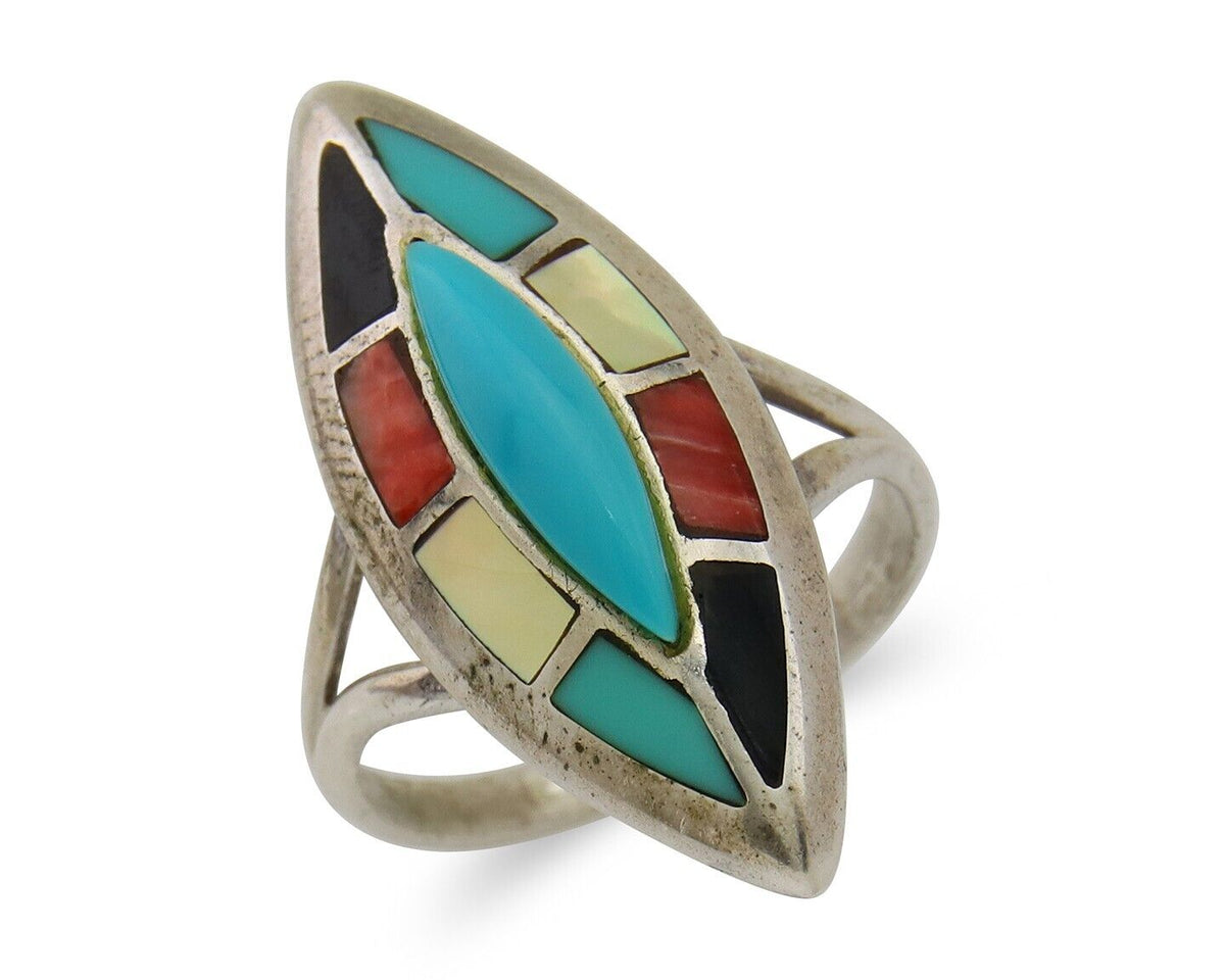 Navajo Ring 925 Silver Turquoise Shell Onyx Spiney Oyster Native Artist C80's