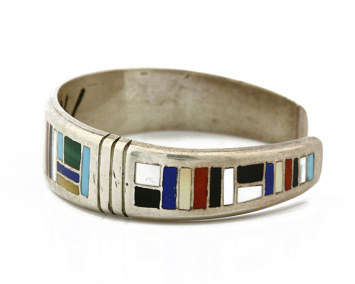 Early Artist David Freeland Inlaid Natural Gemstone .925 SOLID Silver Cuff
