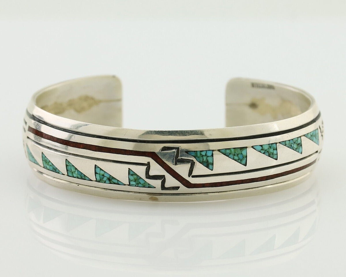Navajo Inlay Bracelet 925 Silver Turquoise & Coral Signed Stanely Bain C.80's