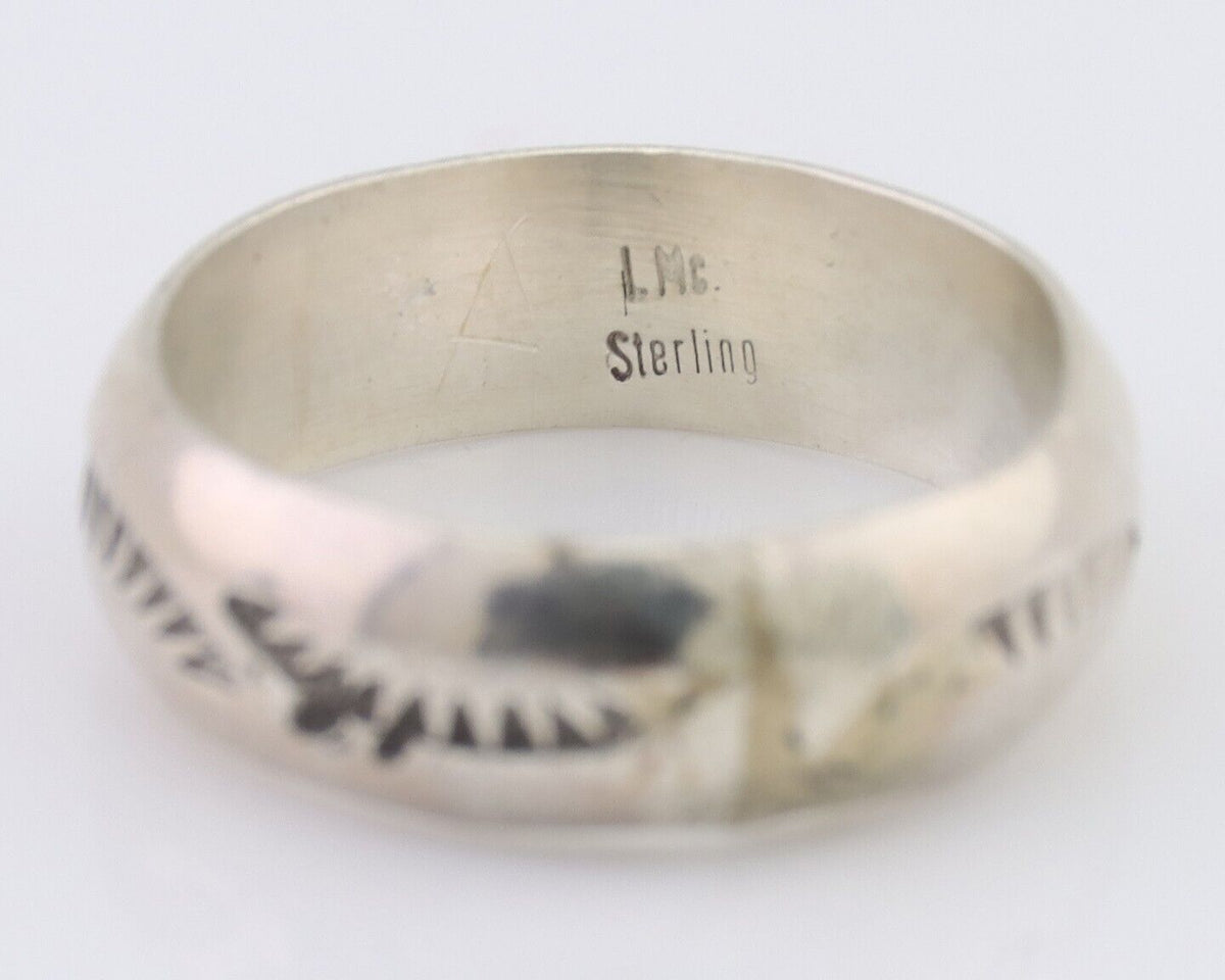 Navajo Hand Stamped Band 925 Silver 6.0 mm Signed Larry Chavez Size 6.5 C.80's