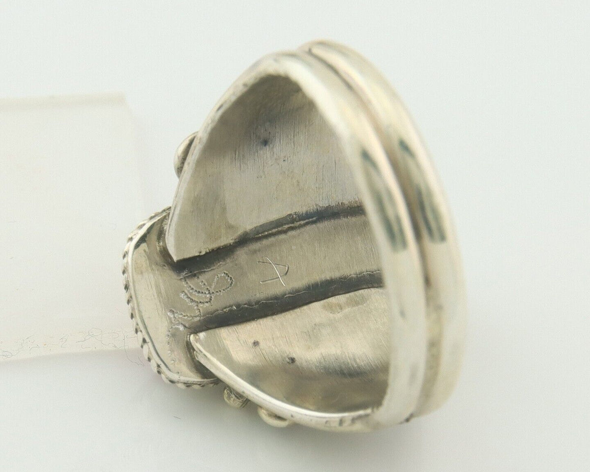 Men Navajo Ring 925 Sterling Natural Coral & Turquoise Signed JM C.80's Size 13