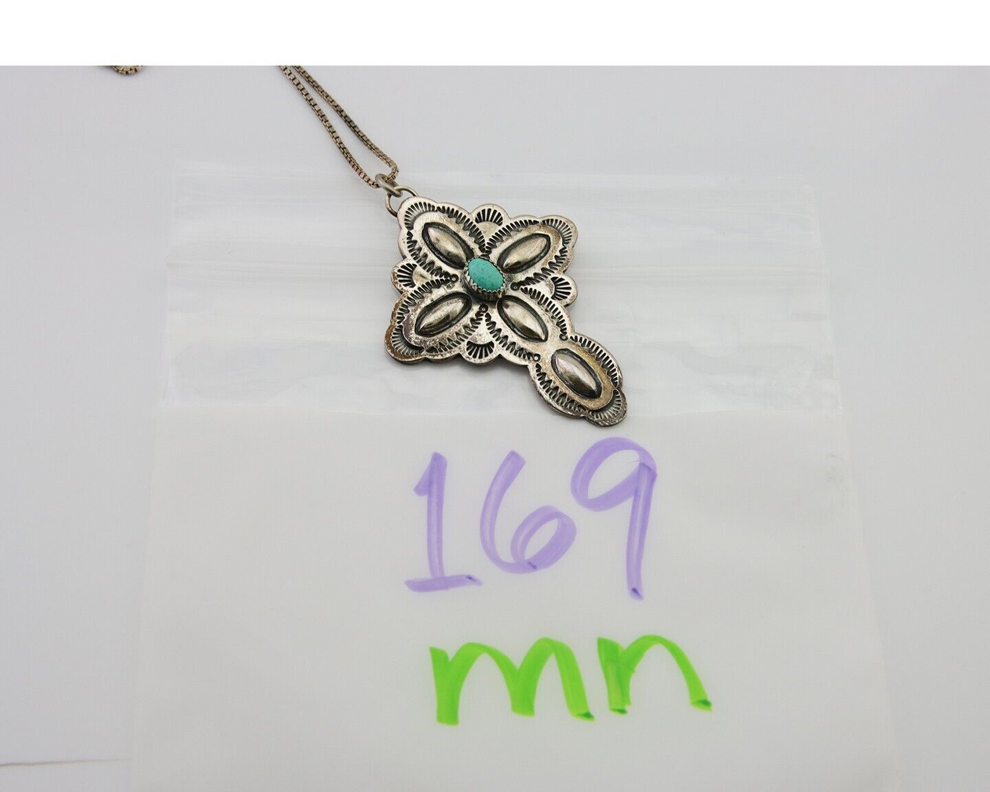 Navajo Cross Hand Stamped Necklace 925 Silver Turquoise Artist JRS C.80's