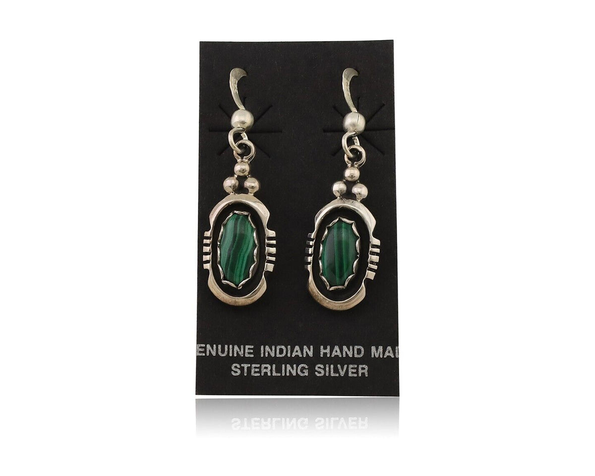 Navajo Dangle Earrings 925 Silver Natural Malachite Native American Artist C.80s