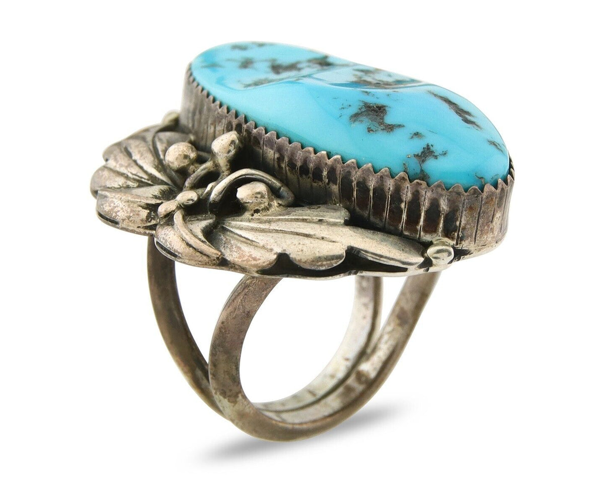 Navajo Ring 925 Sterling Turquoise Native American Artist C.80's Size 6.0