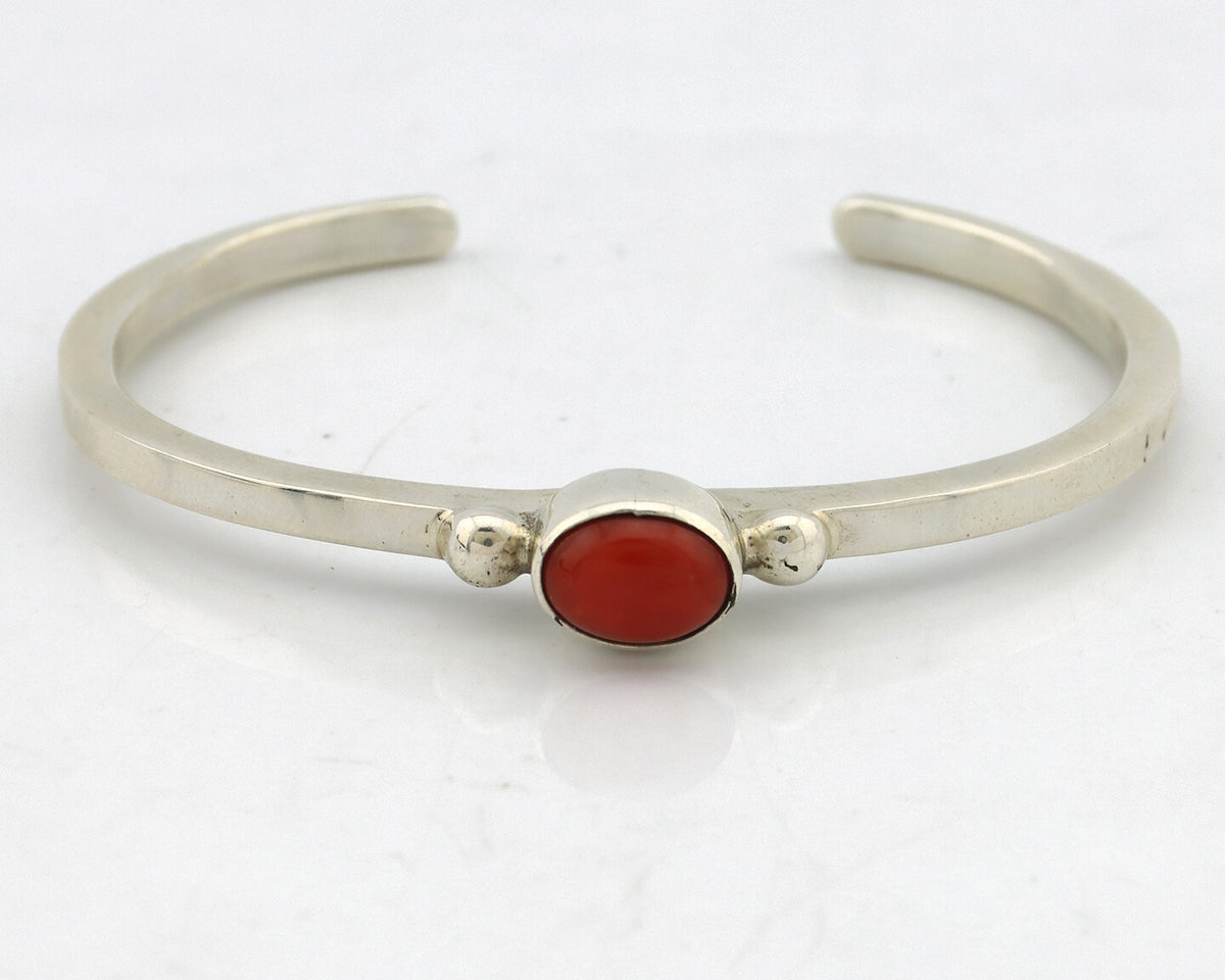 Navajo Bracelet .925 Silver Red Mediterranean Coral Native American Artist C90s