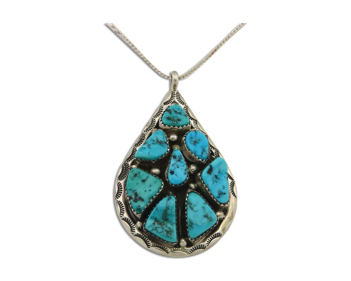 Navajo Necklace 925 Silver Natural Turquoise Artist Signed JW Tom C.80's