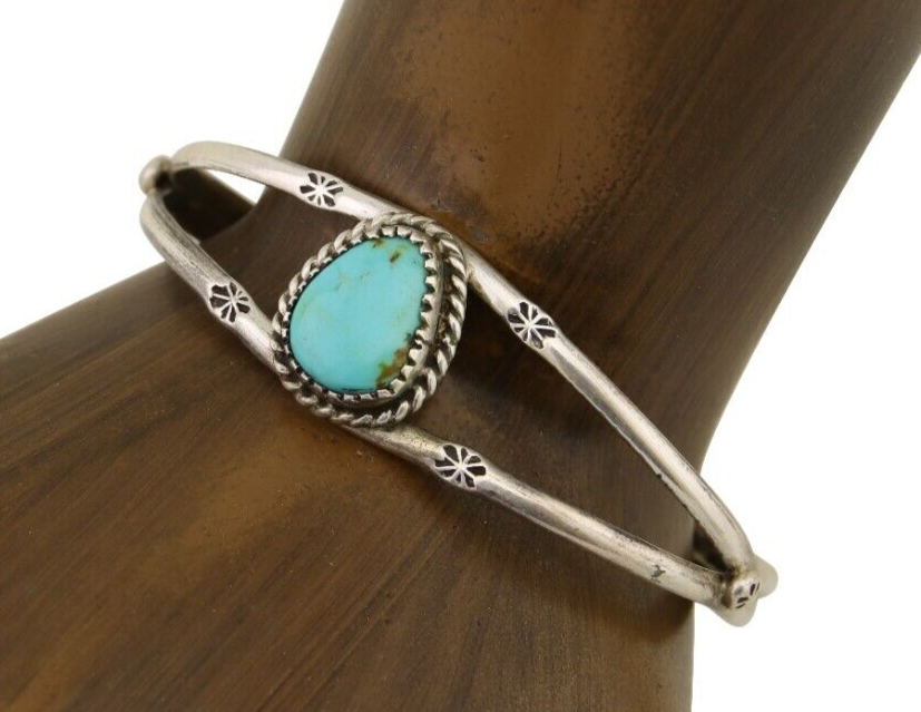 Navajo Hand Stamped Cuff Bracelet Turquoise 925 Silver Native American Artist