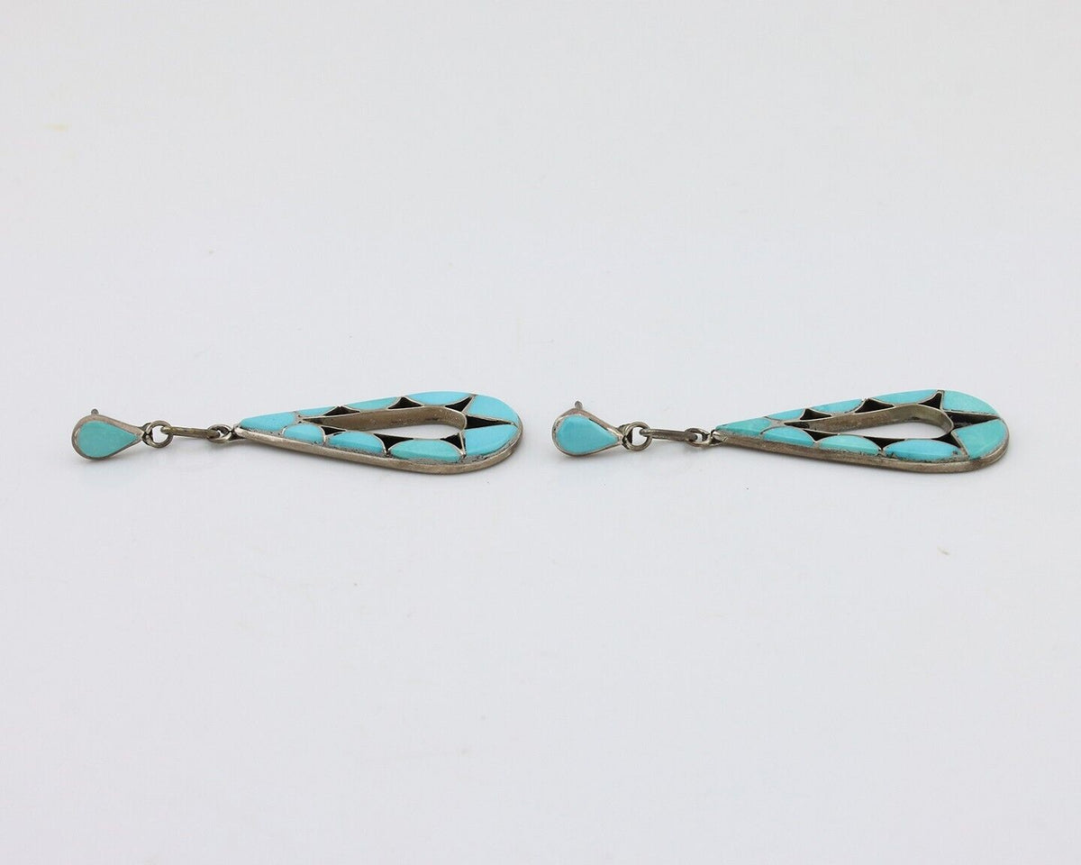 Navajo Handmade Earrings 925 Silver Blue Turquoise Native Artist C.80s