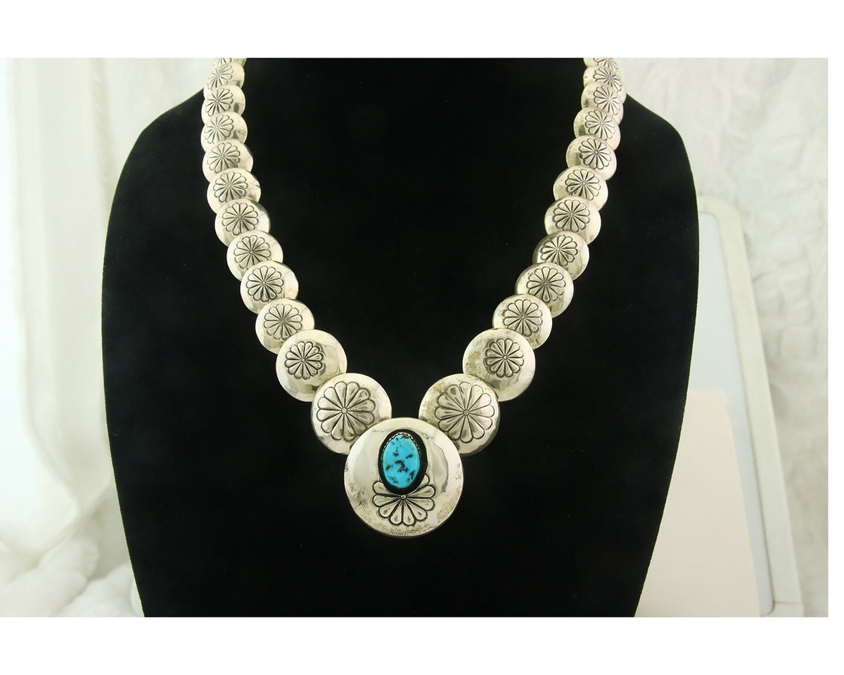 Vintage Navajo Bead Necklace 925 Siilver Turquoise Hand Stamped Native Artist