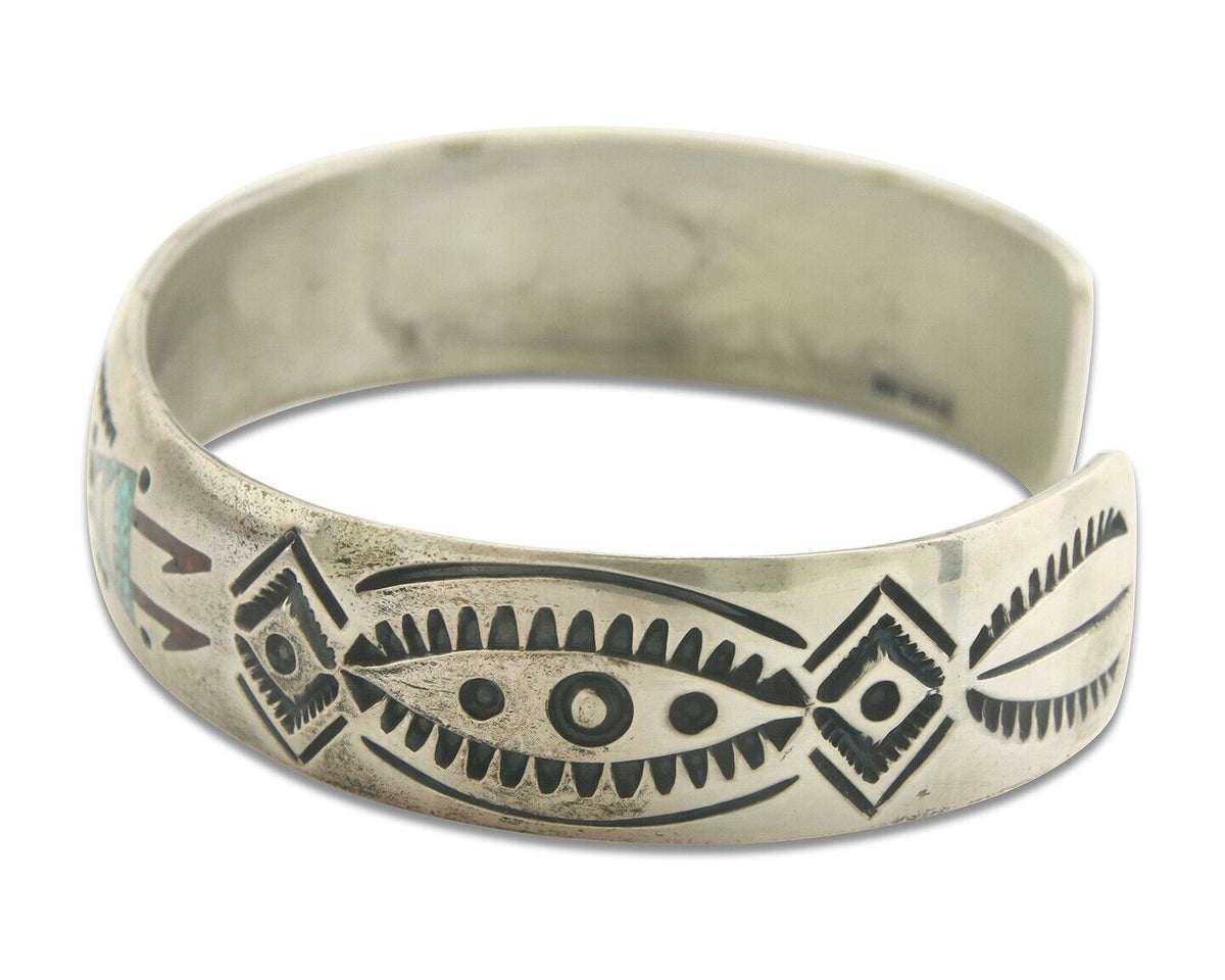 Navajo Bracelet 925 Silver Inlaid Turquoise Coral Artist Signed Stanley Bain C80